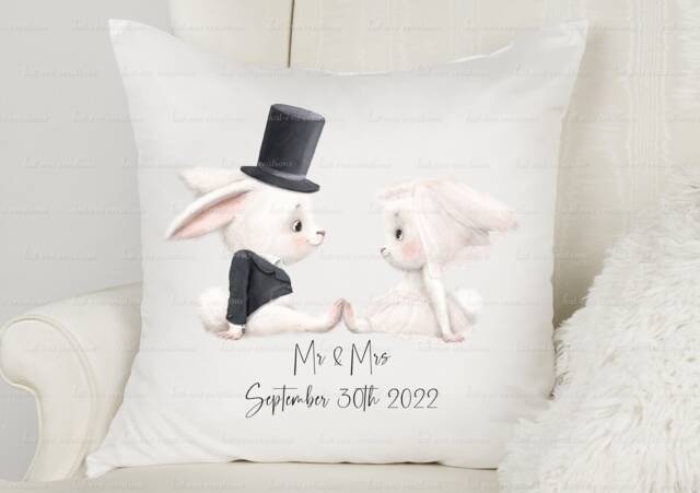 Personalised Wedding Cushion. Rabbit Bride & Groom Pillow. Ideal Wedding, Engagement Or Anniversary Gift. Mr & Mrs, Mr, Mrs - image 1