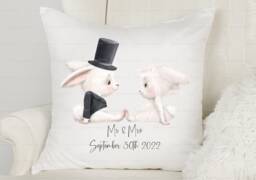 Personalised Wedding Cushion. Rabbit Bride & Groom Pillow. Ideal Wedding, Engagement Or Anniversary Gift. Mr & Mrs, Mr, Mrs - thumbnail 1