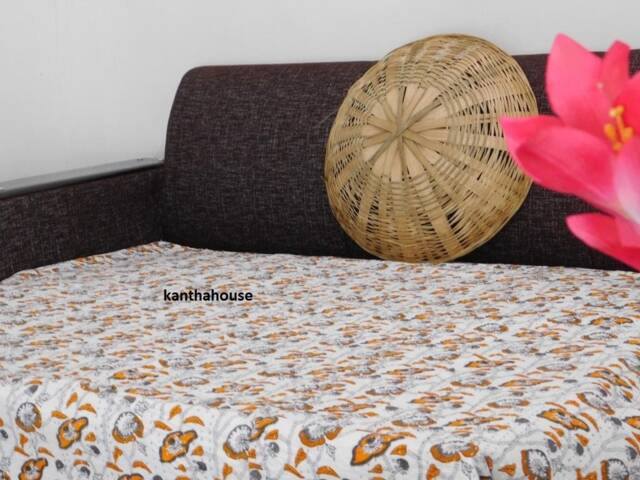 Handmade Cotton Kantha Quilt, Indian Bedspread Throw - 60 X 90 Inches - image 1