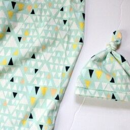 Mint Triangle Swaddle Blanket, Headband Hat Set, Navy, Peach, Yellow, Nursing Cover, Baby Boy Swaddle, Shower Gift, Top Knot - thumbnail 2