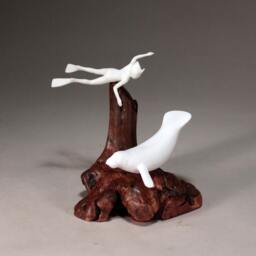Manatee With Diver Sculpture By John Perry 9In Tall Statue On Burlwood - thumbnail 2