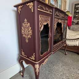 Vintage French Style Sideboard Cabinet - Burgundy & Gold Ornate Baroque - thumbnail 2