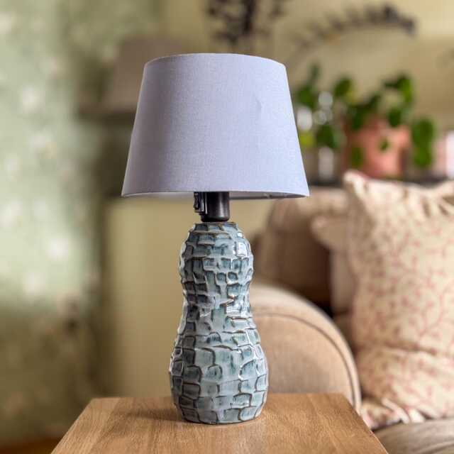 Handmade Ceramic Table Lamp - Light Blue Textured Glaze Unique Artisanal Bedside Nightlight With Lampshade - image 1
