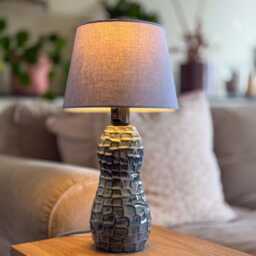 Handmade Ceramic Table Lamp - Light Blue Textured Glaze Unique Artisanal Bedside Nightlight With Lampshade - thumbnail 2