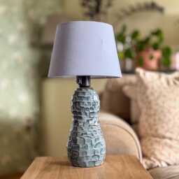 Handmade Ceramic Table Lamp - Light Blue Textured Glaze Unique Artisanal Bedside Nightlight With Lampshade - thumbnail 1