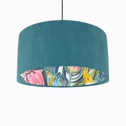 Teal Blue Velvet Lampshade With Blush Parrot Lining, Large Ceiling Lightshade