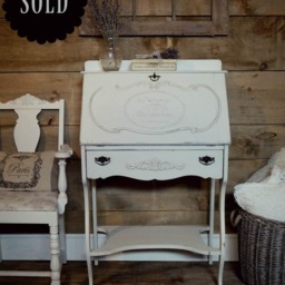 Sold- White Shabby Chic Painted Secretary Desk, Off-White, Antique White Lady's Distressed, Chalk Furniture, Lock & Key - thumbnail 2