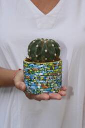 Small Ceramic Planter Teal Green Brown Mini Plant Pot With Drainage Hole - thumbnail 1