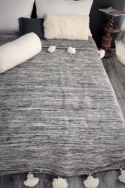 Moroccan Pom Blanket & Throw, Bohemian Blanket, Berber Wool Hand Woven, Handmade Bedspread, Bed-Cover - image 1