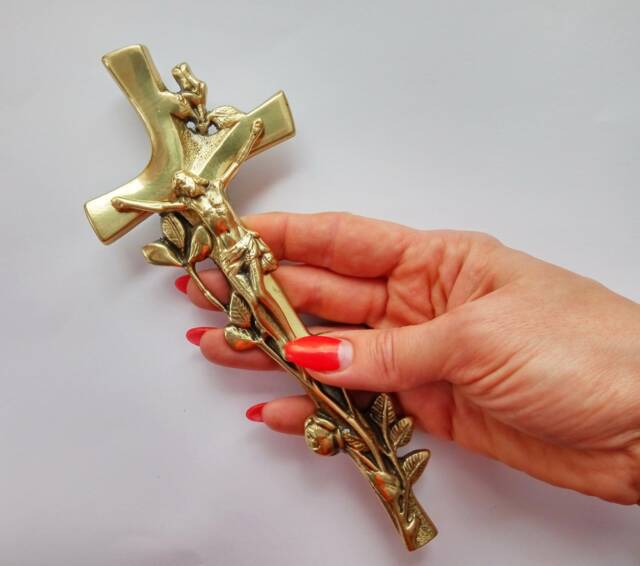 Brass Crucifix Wall Decor Cross Christian Wall Art Catholic Gift With Roses Relief Metal Jesus Religious Gifts Baptism - image 1