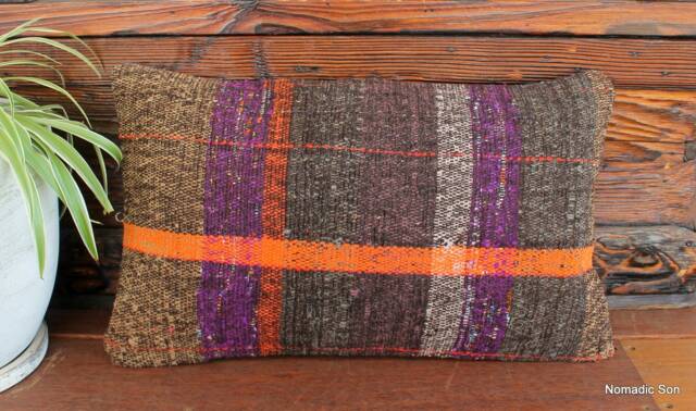 Handwoven Kilim Pillow Cover - Vintage Wool & Goat Hair, Orange Purple Checks - 12x20In - image 1