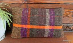 Handwoven Kilim Pillow Cover - Vintage Wool & Goat Hair, Orange Purple Checks - 12x20In
