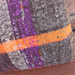 Handwoven Kilim Pillow Cover - Vintage Wool & Goat Hair, Orange Purple Checks - 12x20In - thumbnail 3