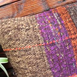 Handwoven Kilim Pillow Cover - Vintage Wool & Goat Hair, Orange Purple Checks - 12x20In - thumbnail 2