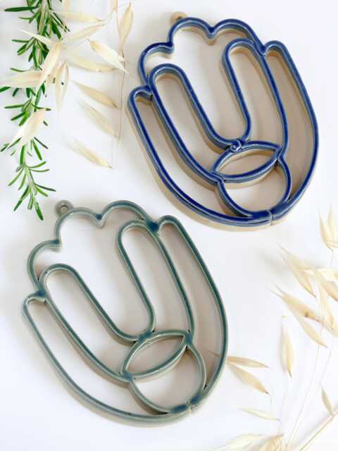 Set Of Two Ceramic Hamsa Wall Art - 3D Printed Clay, Housewarming Gift, Mediterranean Art, Home D??cor, Blue & Green Glaze - image 1