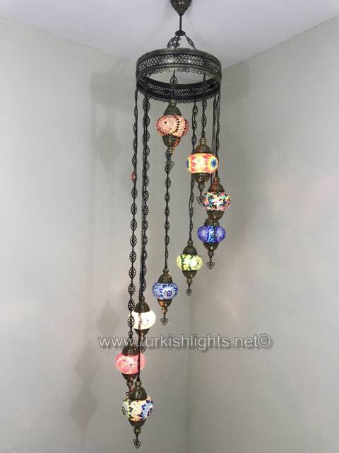 9-Globe Turkish Mosaic Chandelier, Moroccan Hanging Lamp - image 1