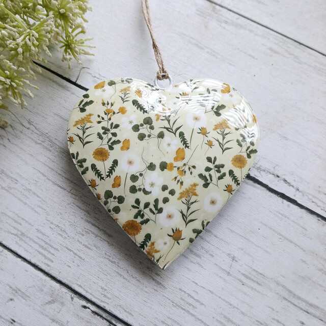 Metal Hanging Heart Decoration With Green & Yellow Flower - Thehomeandheartsshop Rustic Wall Decor Shabby Wedding Gift Xmas - image 1