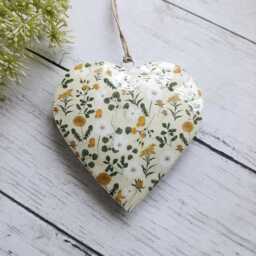 Metal Hanging Heart Decoration With Green & Yellow Flower - Thehomeandheartsshop Rustic Wall Decor Shabby Wedding Gift Xmas - thumbnail 1