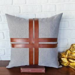 Cognac Faux Leather Strap Pillow Cover Light Gray Linen Look - 20x20'' - thumbnail 3