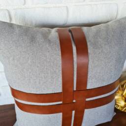Cognac Faux Leather Strap Pillow Cover Light Gray Linen Look - 20x20'' - thumbnail 2