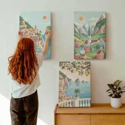 Canvas Art Set Of 3 - Picturesque Landscapes With Sea & Citrus Fruits, Turquoise Wall Art, Hanging Piece