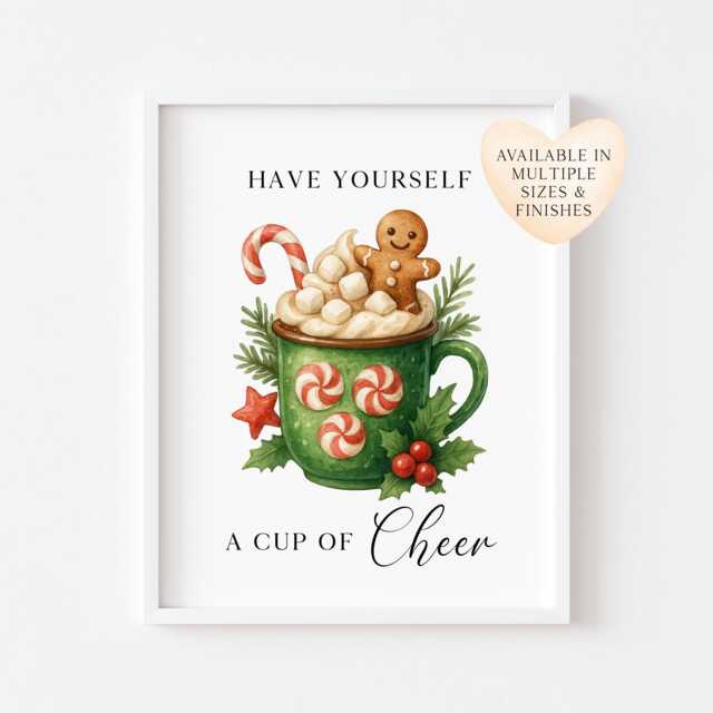 Christmas Print Cup Of Cheer Vintage Red & Green Watercolour Hot Drinks Wall Art - Unframed - image 1