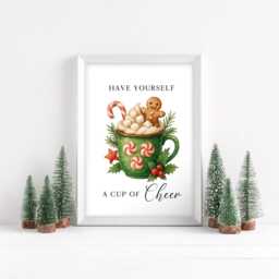 Christmas Print Cup Of Cheer Vintage Red & Green Watercolour Hot Drinks Wall Art - Unframed - thumbnail 2