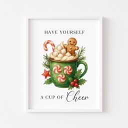 Christmas Print Cup Of Cheer Vintage Red & Green Watercolour Hot Drinks Wall Art - Unframed - thumbnail 2