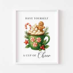 Christmas Print Cup Of Cheer Vintage Red & Green Watercolour Hot Drinks Wall Art - Unframed - thumbnail 1