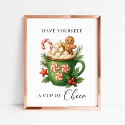 Christmas Print Cup Of Cheer Vintage Red & Green Watercolour Hot Drinks Wall Art - Unframed - thumbnail 3