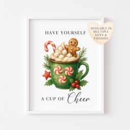 Christmas Print Cup Of Cheer Vintage Red & Green Watercolour Hot Drinks Wall Art - Unframed