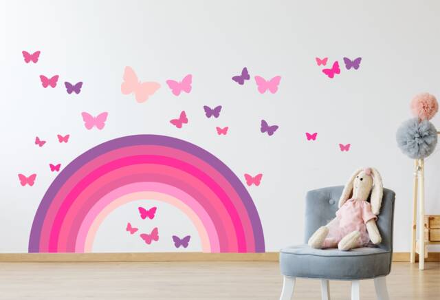 Pastel Rainbow & Butterflies Pink Purple Wall Sticker Kit Nursery Decal - image 1