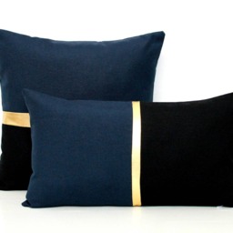 Navy Blue, Black & Metallic Gold Colorblock Pillow Cover - All Sizes Custom Stripe Color, Modern Home Throw - thumbnail 2