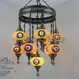 Turkish Mosaic Sultan Chandelier - 11 Large Globe Ottoman Ceiling Lamp - S11L - thumbnail 2