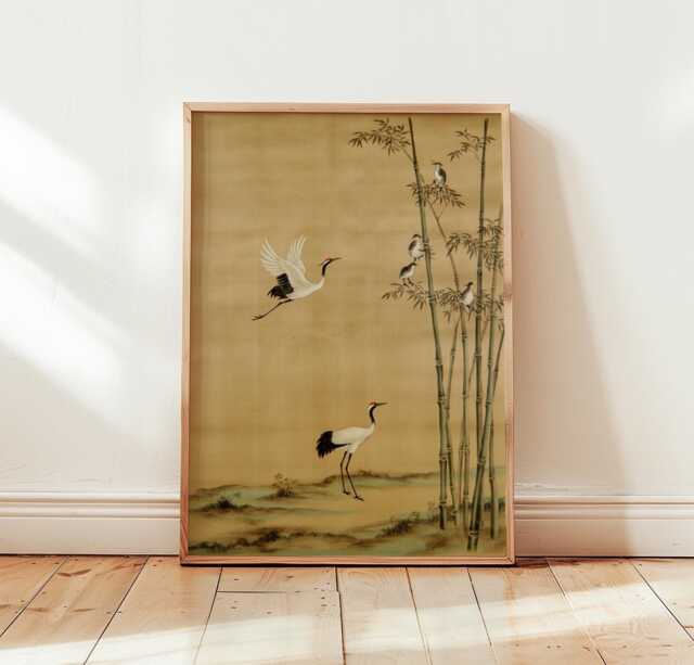Crane & Bamboo Print - Japanese Wall Art Oriental Nature Poster - image 1