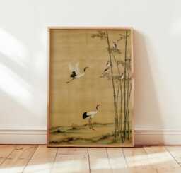 Crane & Bamboo Print - Japanese Wall Art Oriental Nature Poster