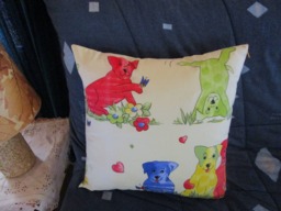Decorative Cushion in Cotton Fabric Printed With Drawings Of Small Playful Dogs, For Children's Room - thumbnail 1