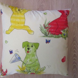 Decorative Cushion in Cotton Fabric Printed With Drawings Of Small Playful Dogs, For Children's Room - thumbnail 2