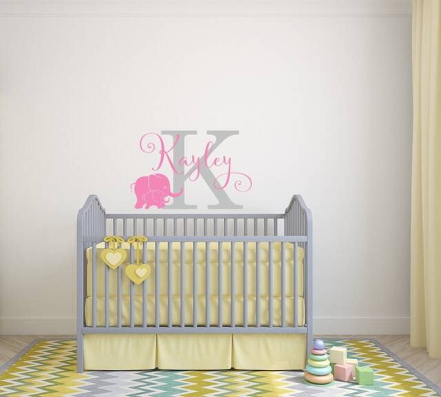 Elephant Nursery Wall Decal Custom Baby Girl Name & Initial Ww178 - image 1