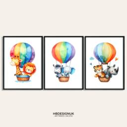 Hot Air Balloon Nursery Prints - Set Of 3 Safari Posters - Boho Name Colourful Girls Boys Wall Art Kids Bedroom Decor Gift - thumbnail 2