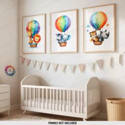 Hot Air Balloon Nursery Prints - Set Of 3 Safari Posters - Boho Name Colourful Girls Boys Wall Art Kids Bedroom Decor Gift - thumbnail 1