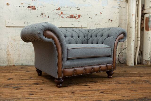1.5 Seater Iron Grey Herringbone Wool Chesterfield Snuggle Armchair, Antique Tan Leather, British Handmade - image 1