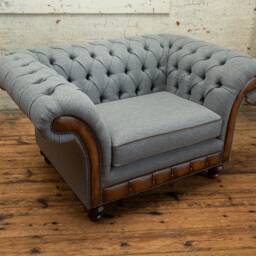 1.5 Seater Iron Grey Herringbone Wool Chesterfield Snuggle Armchair, Antique Tan Leather, British Handmade - thumbnail 3