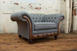 1.5 Seater Iron Grey Herringbone Wool Chesterfield Snuggle Armchair, Antique Tan Leather, British Handmade