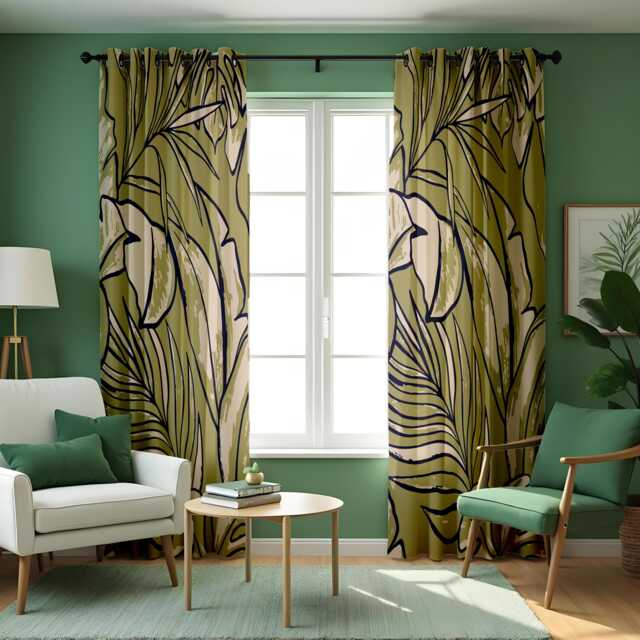 Minimalist Botanical Curtains, Large Leaf Line Art Drapes, Custom Made Panels For Modern Natural Interior Styling - image 1