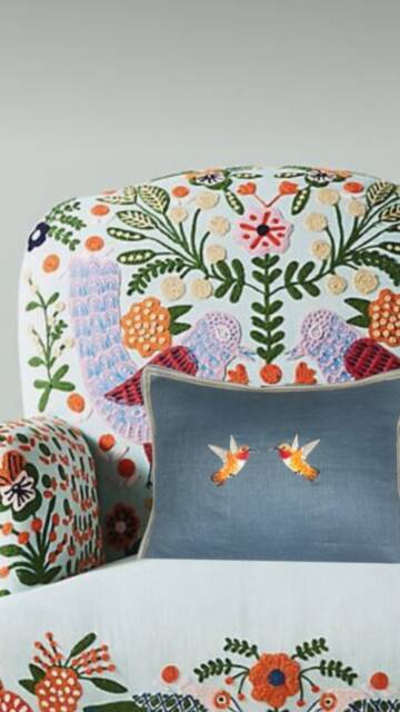 Embroidered Hummingbird Linen Pillow Slate Blue & Orange Bird Applique - image 1