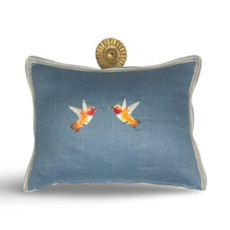 Embroidered Hummingbird Linen Pillow Slate Blue & Orange Bird Applique - thumbnail 2