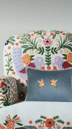 Embroidered Hummingbird Linen Pillow Slate Blue & Orange Bird Applique