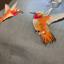 Embroidered Hummingbird Linen Pillow Slate Blue & Orange Bird Applique - thumbnail 3