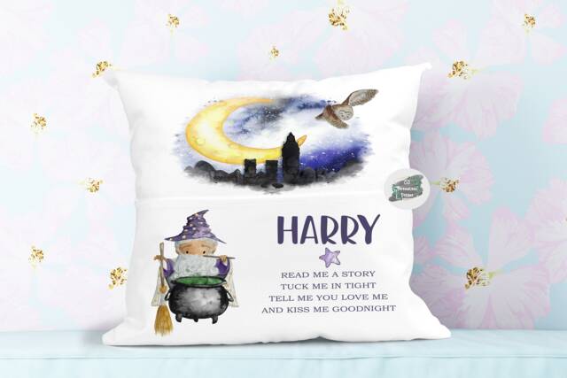 Personalised Kids Wizard Book Pocket Cushion - image 1
